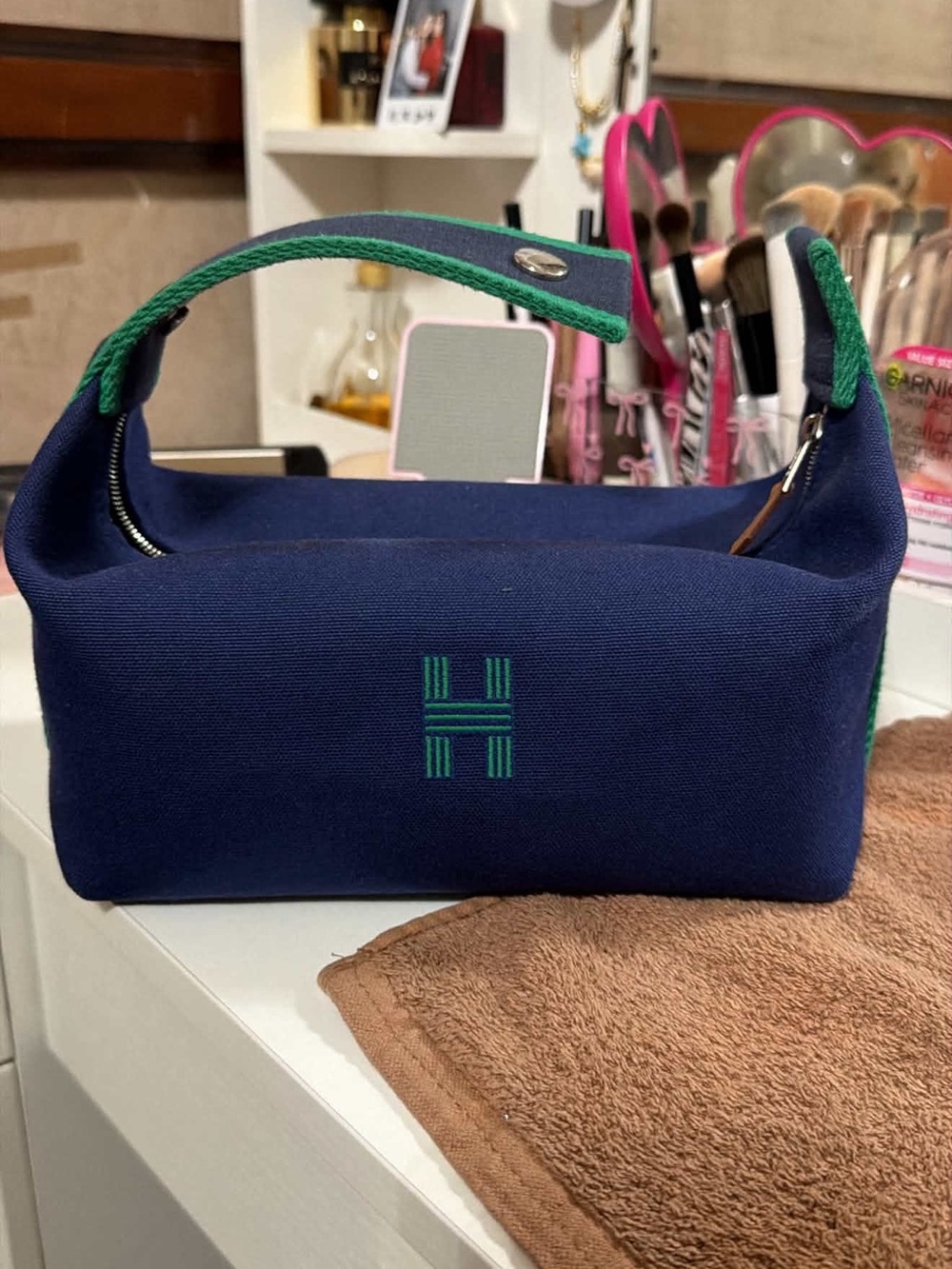 Hermes Navy Canvas Wristlet with Green Trim